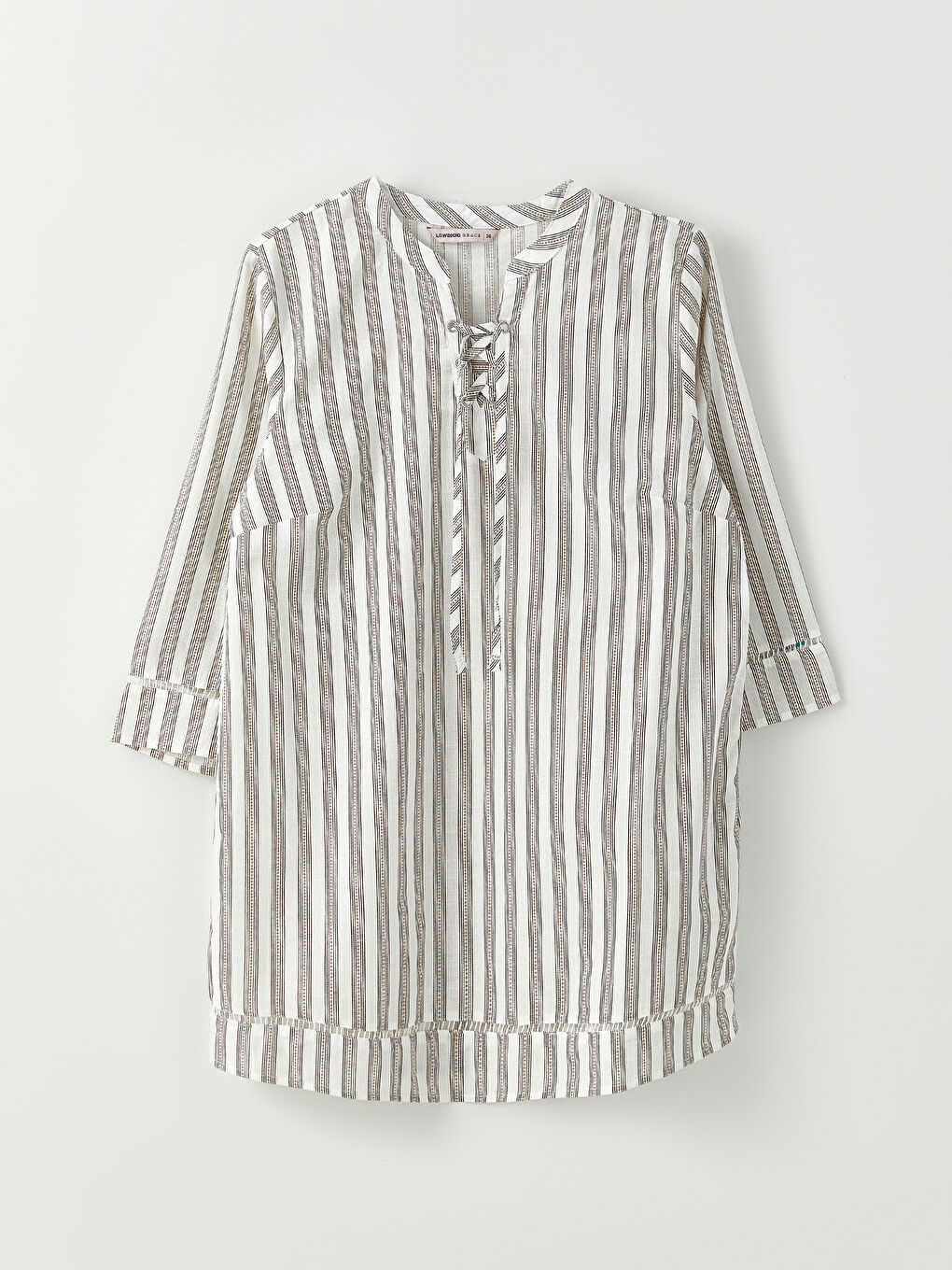 Bej Kaçık Yaka Çizgili Pamuklu Kadın Tunik-5