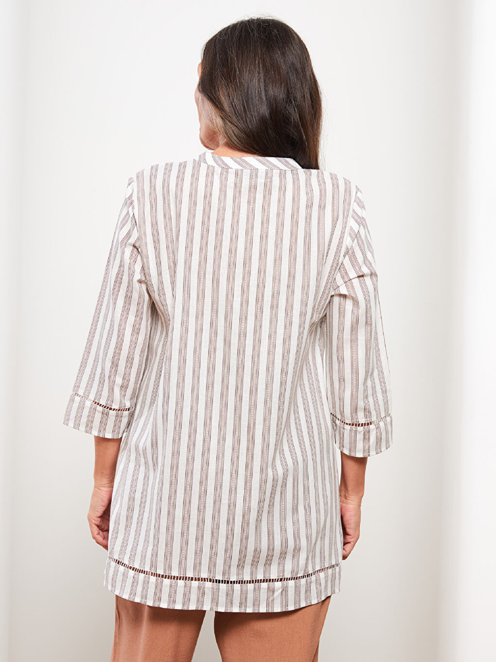 Bej Kaçık Yaka Çizgili Pamuklu Kadın Tunik-4