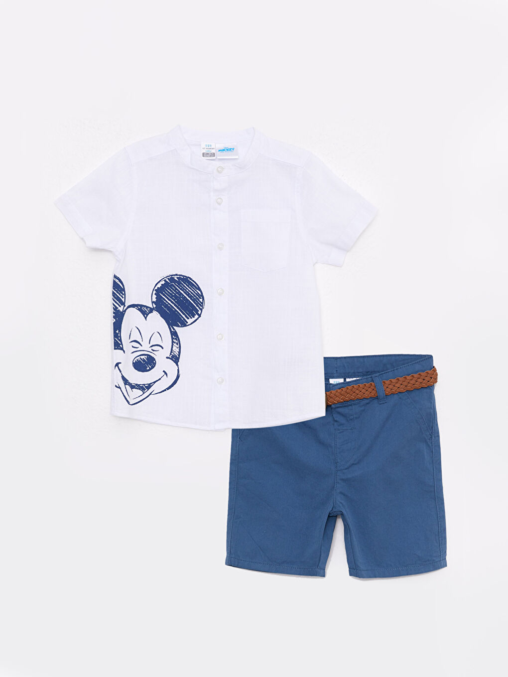 Beyaz Hakim Yaka Kısa Kollu Mickey Mouse Baskılı Erkek Bebek Gömlek Şort ve Kemer 3'lü Takım
