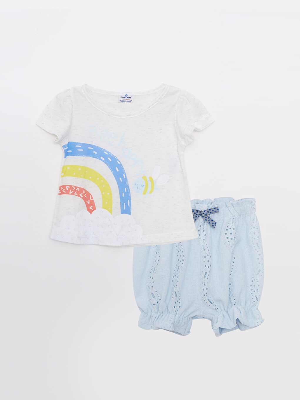 Ekru Bisiklet Yaka Kısa Kollu Baskılı Kız Bebek 2'li Takım