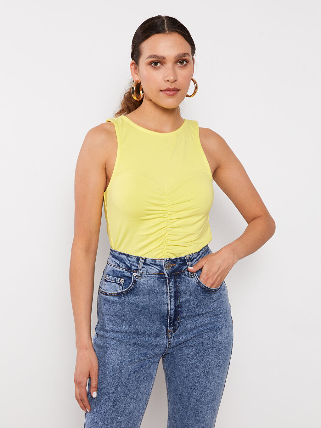 Sarı Kadın Bisiklet Yaka Düz Kolsuz Atlet-1