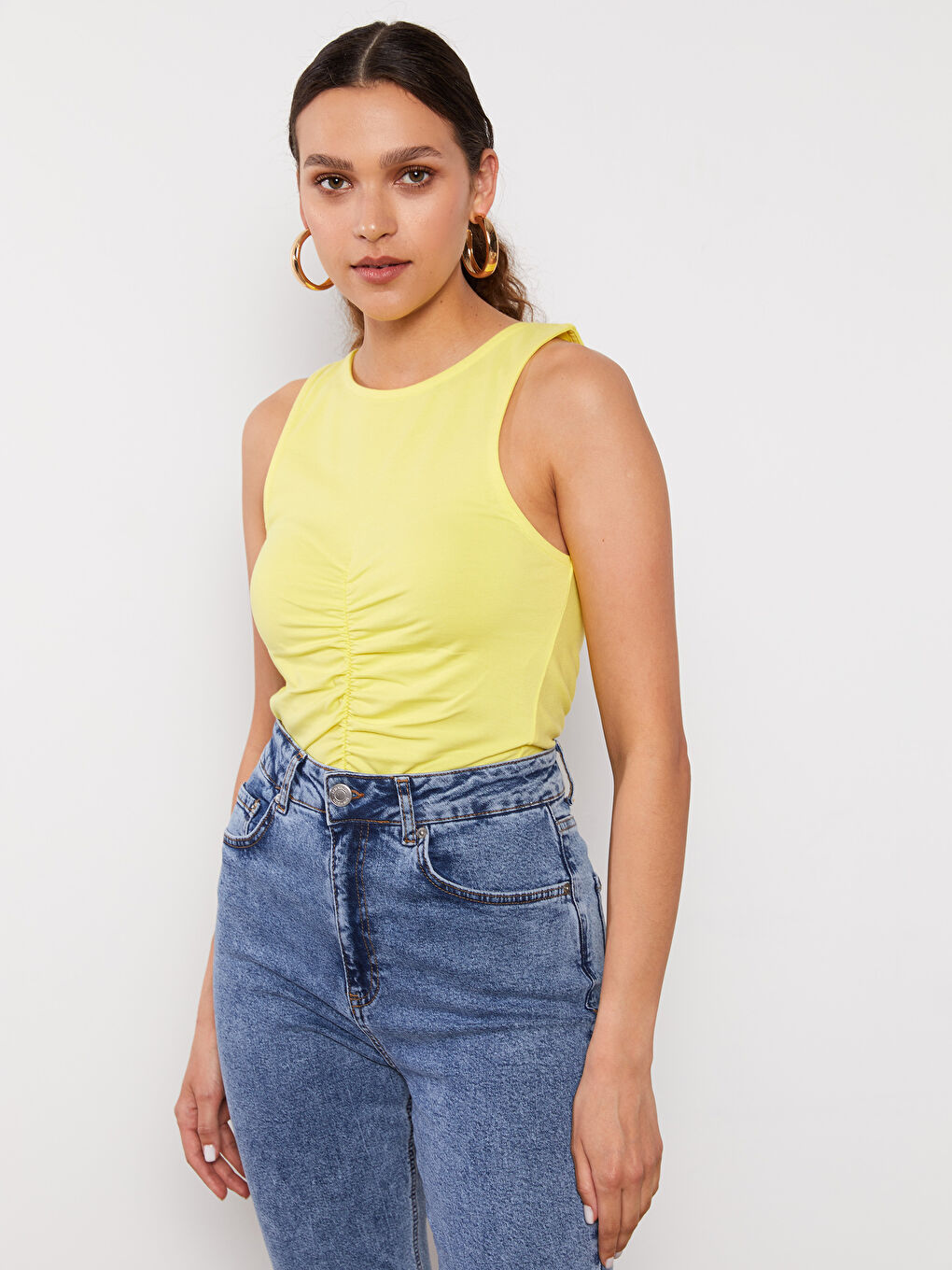 Sarı Kadın Bisiklet Yaka Düz Kolsuz Atlet-2