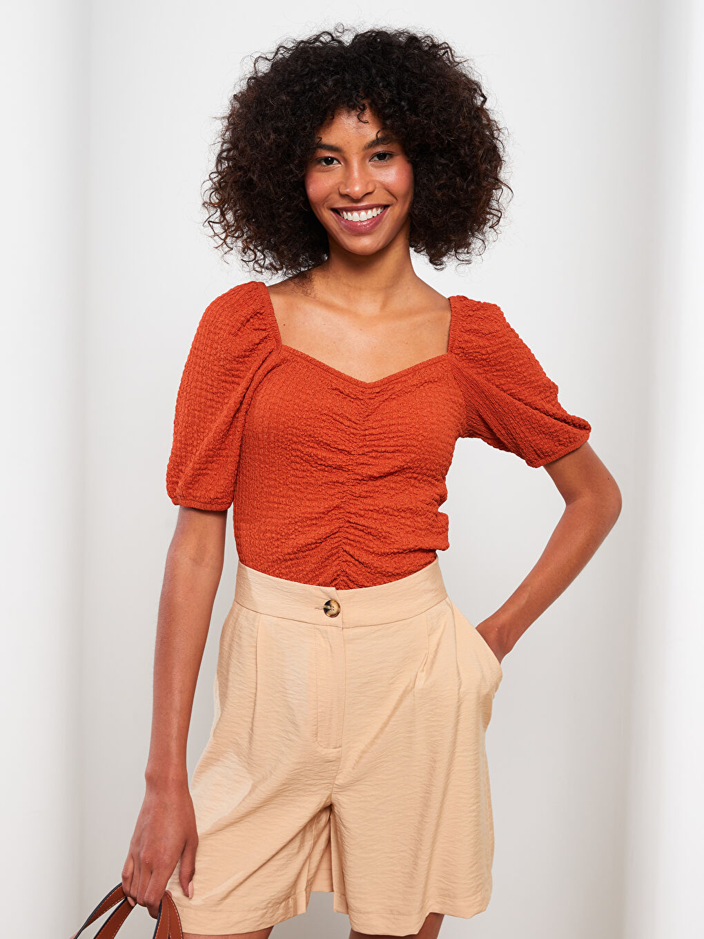 Sweetheart Collar Plain Short Sleeve Women's Crepe Blouse