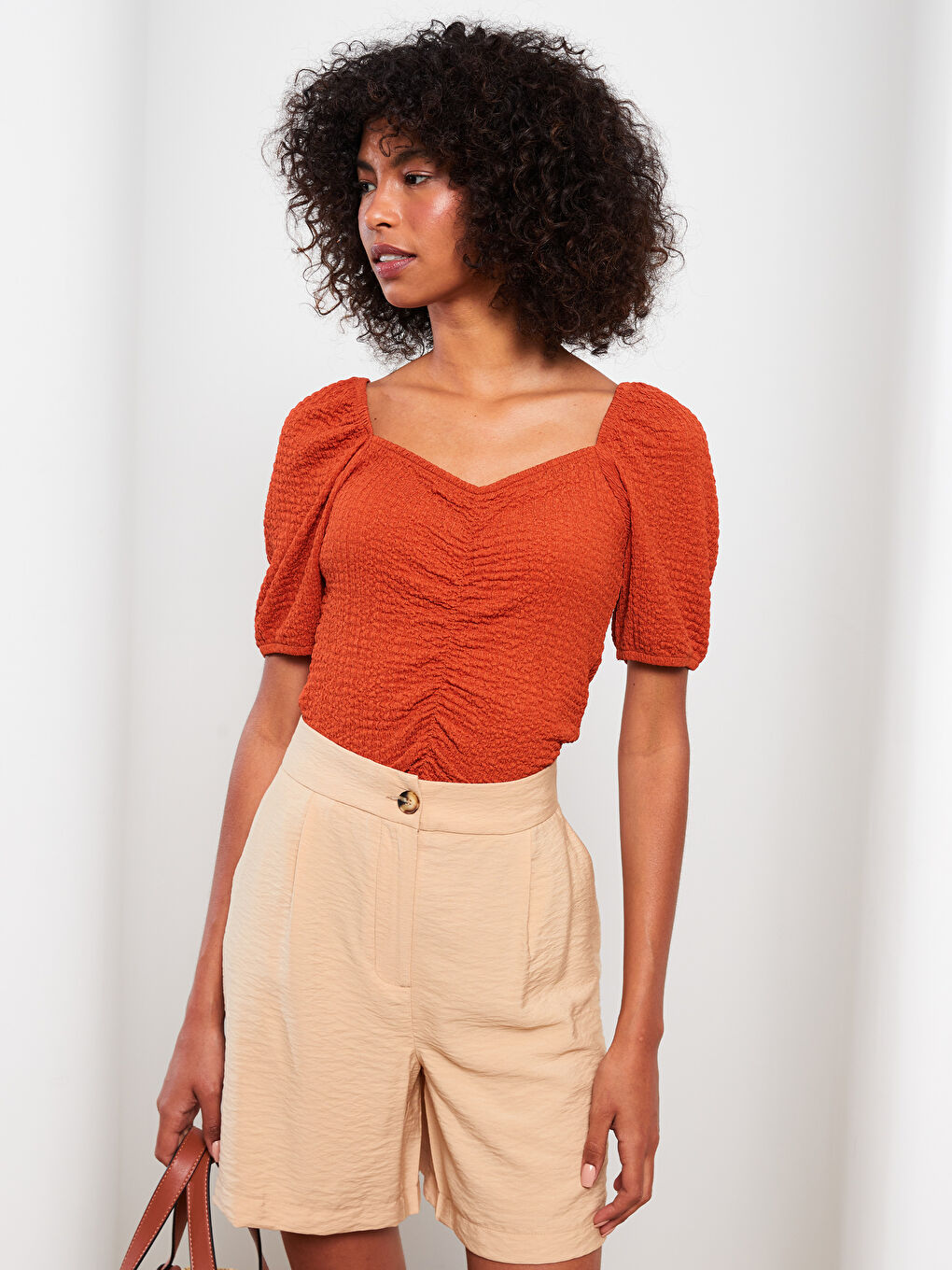 Sweetheart Collar Plain Short Sleeve Women's Crepe Blouse-1