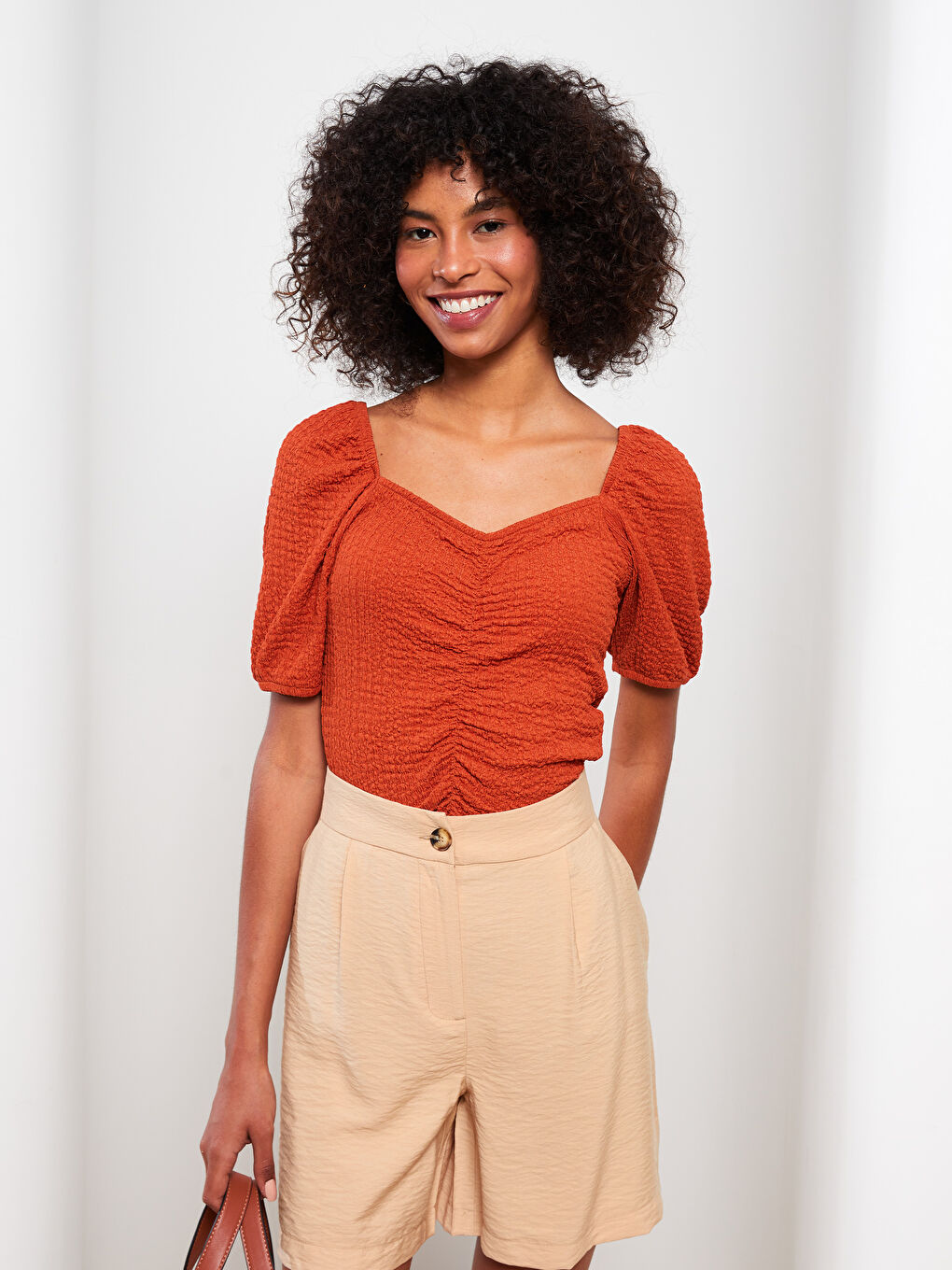 Sweetheart Collar Plain Short Sleeve Women's Crepe Blouse-2