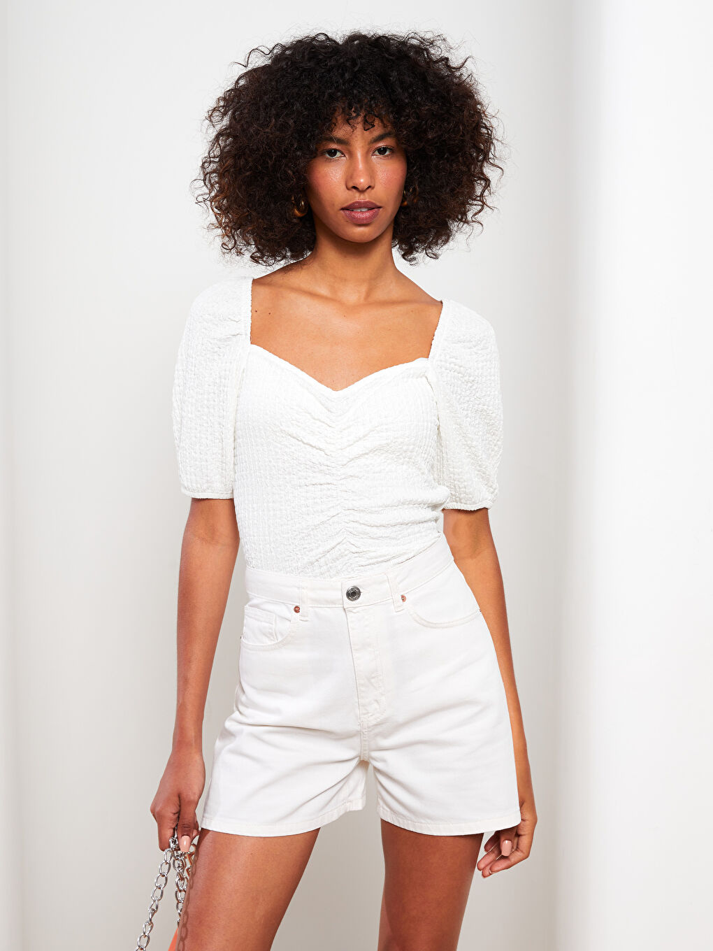 LCW Vision Herzausschnitt Schlicht Kurzarm Für Damen Knitterstoff Bluse -S2M520Z8-R9J