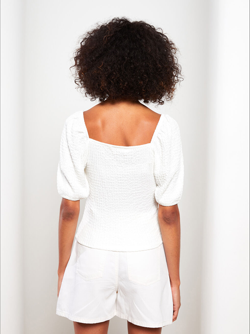 LCW Vision Herzausschnitt Schlicht Kurzarm Für Damen Knitterstoff Bluse -S2M520Z8-R9J