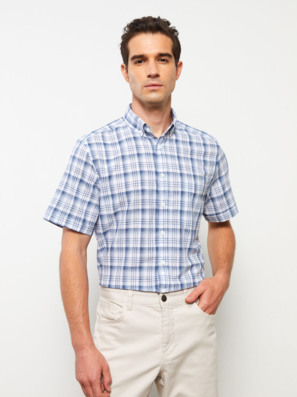 Mavi Regular Fit Kısa Kollu Ekose Poplin Erkek Gömlek-1