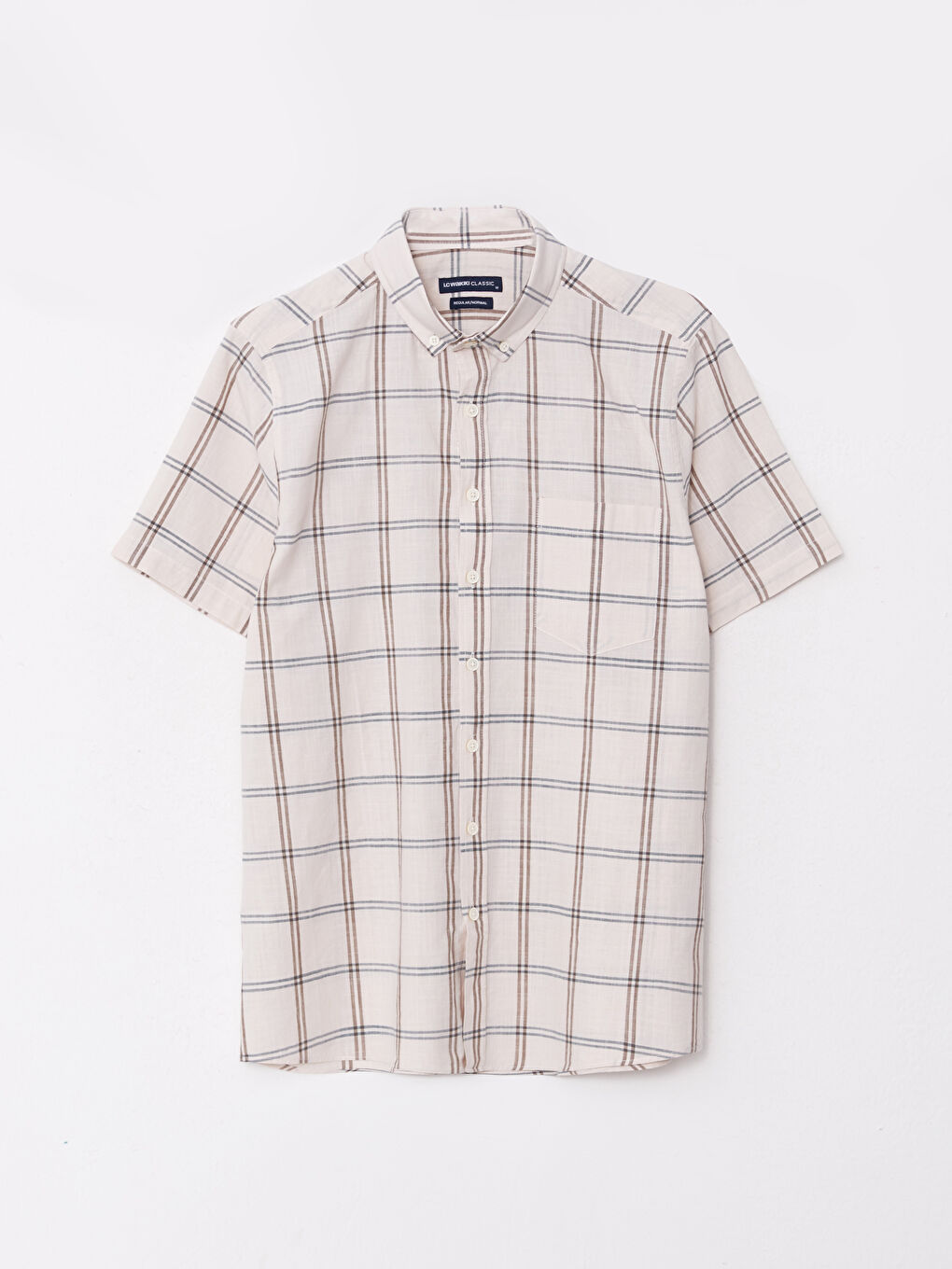 Ekru Regular Fit Kısa Kollu Ekose Poplin Erkek Gömlek-5