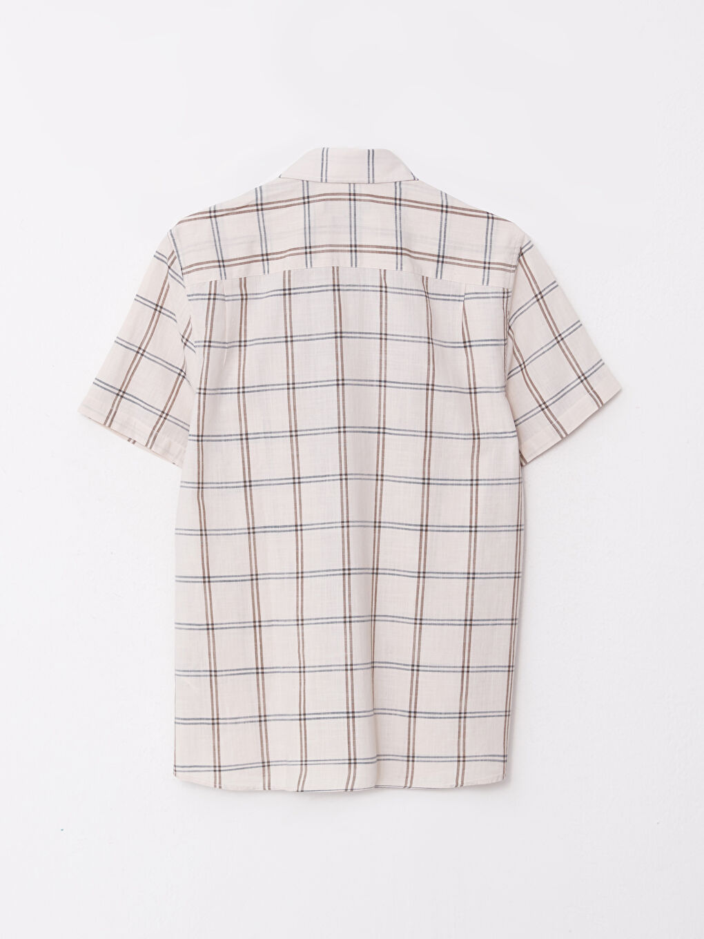 Ekru Regular Fit Kısa Kollu Ekose Poplin Erkek Gömlek-6