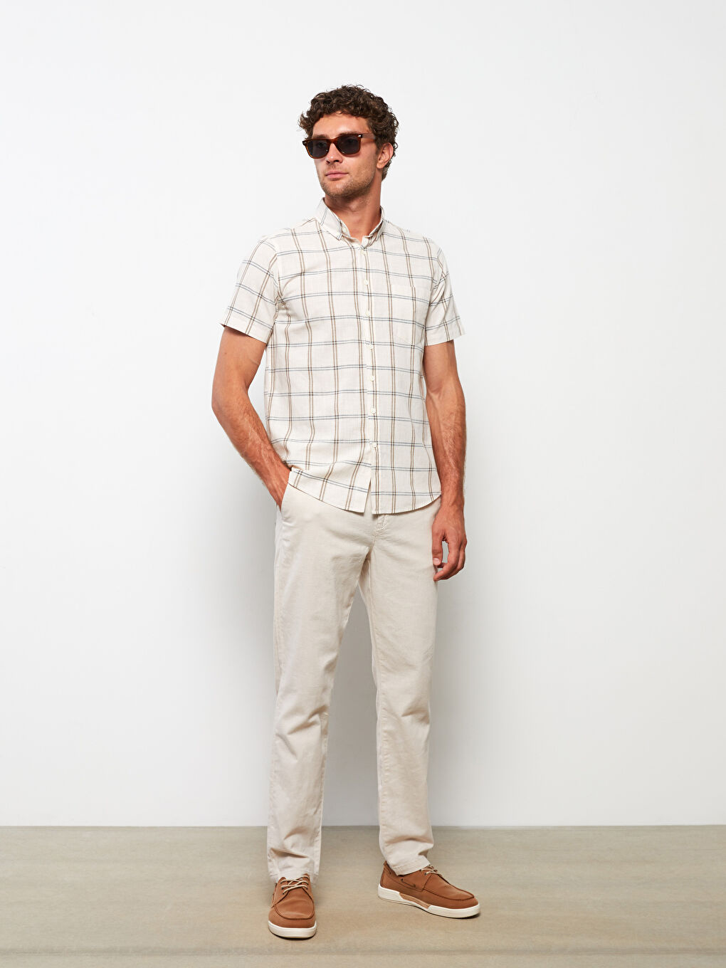 Ekru Regular Fit Kısa Kollu Ekose Poplin Erkek Gömlek