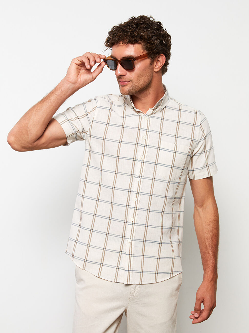 Ekru Regular Fit Kısa Kollu Ekose Poplin Erkek Gömlek-2