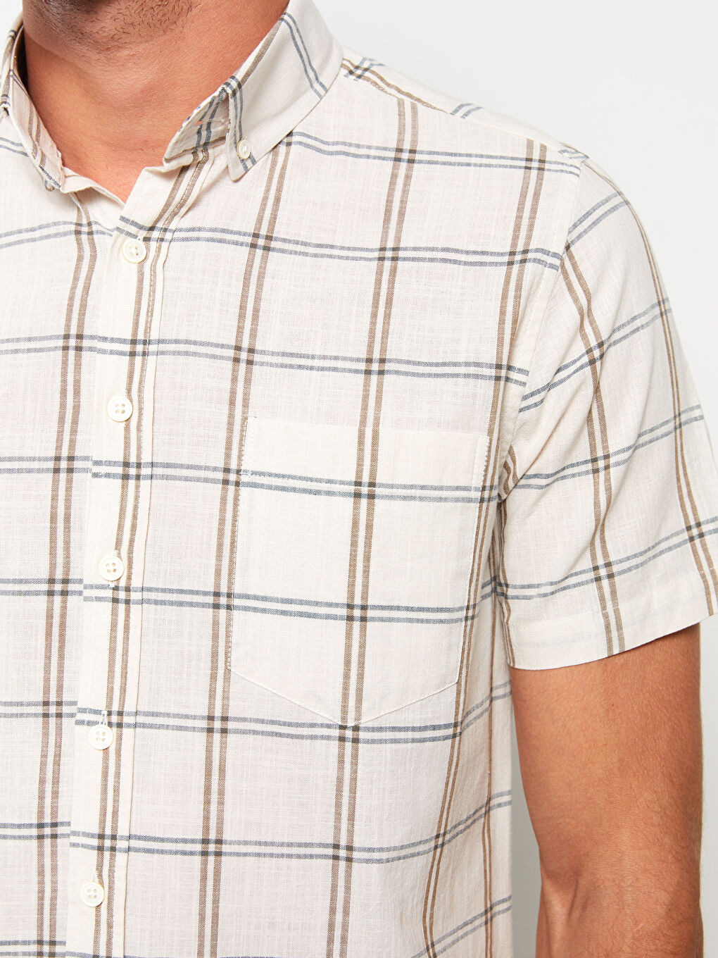 Ekru Regular Fit Kısa Kollu Ekose Poplin Erkek Gömlek-3