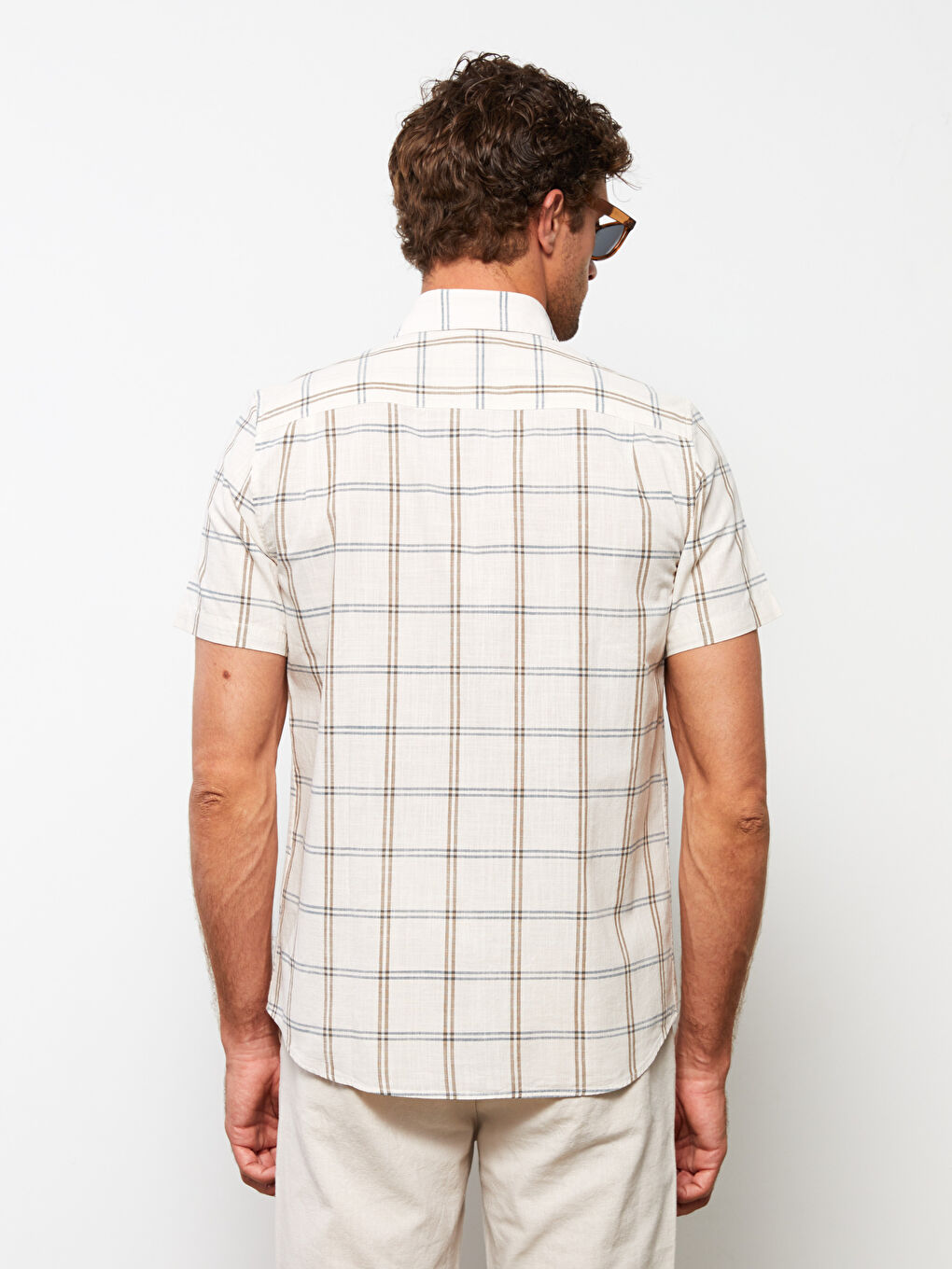 Ekru Regular Fit Kısa Kollu Ekose Poplin Erkek Gömlek-4