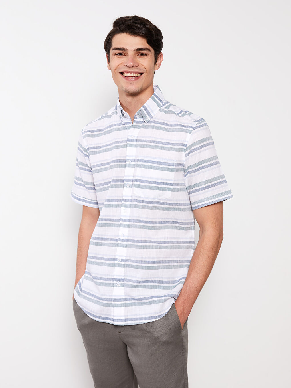 Yeşil Regular Fit Kısa Kollu Çizgili Poplin Erkek Gömlek