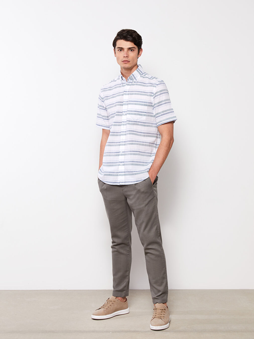 Yeşil Regular Fit Kısa Kollu Çizgili Poplin Erkek Gömlek-1