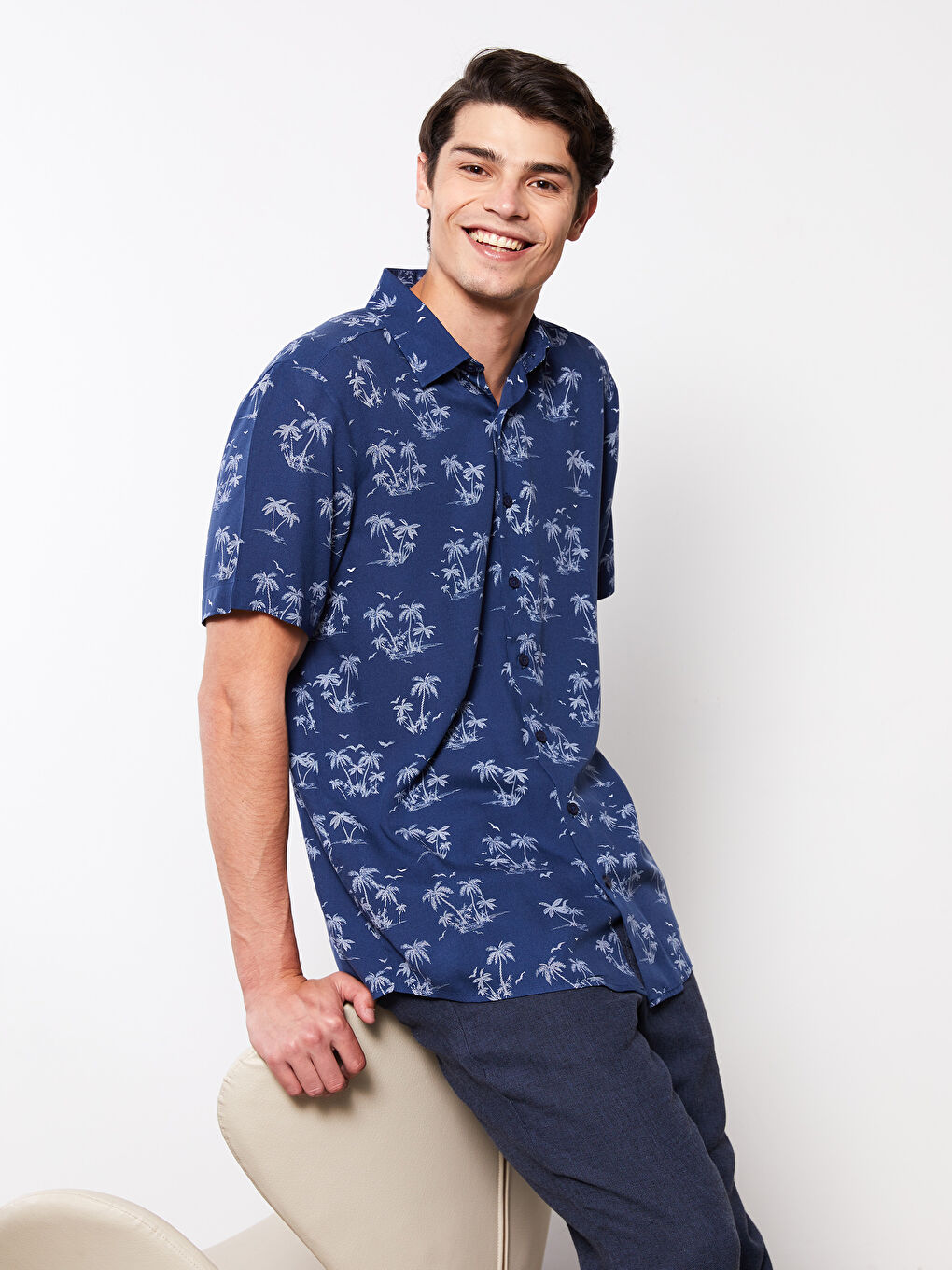 Lacivert Regular Fit Kısa Kollu Desenli Erkek Gömlek
