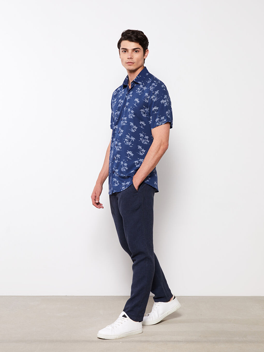 Lacivert Regular Fit Kısa Kollu Desenli Erkek Gömlek-2