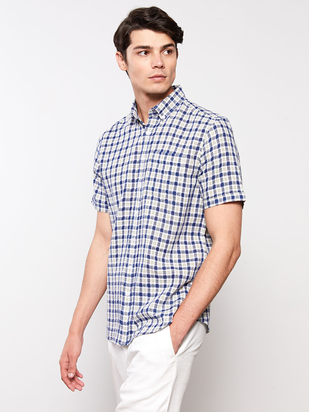 Haki Regular Fit Kısa Kollu Ekose Erkek Gömlek