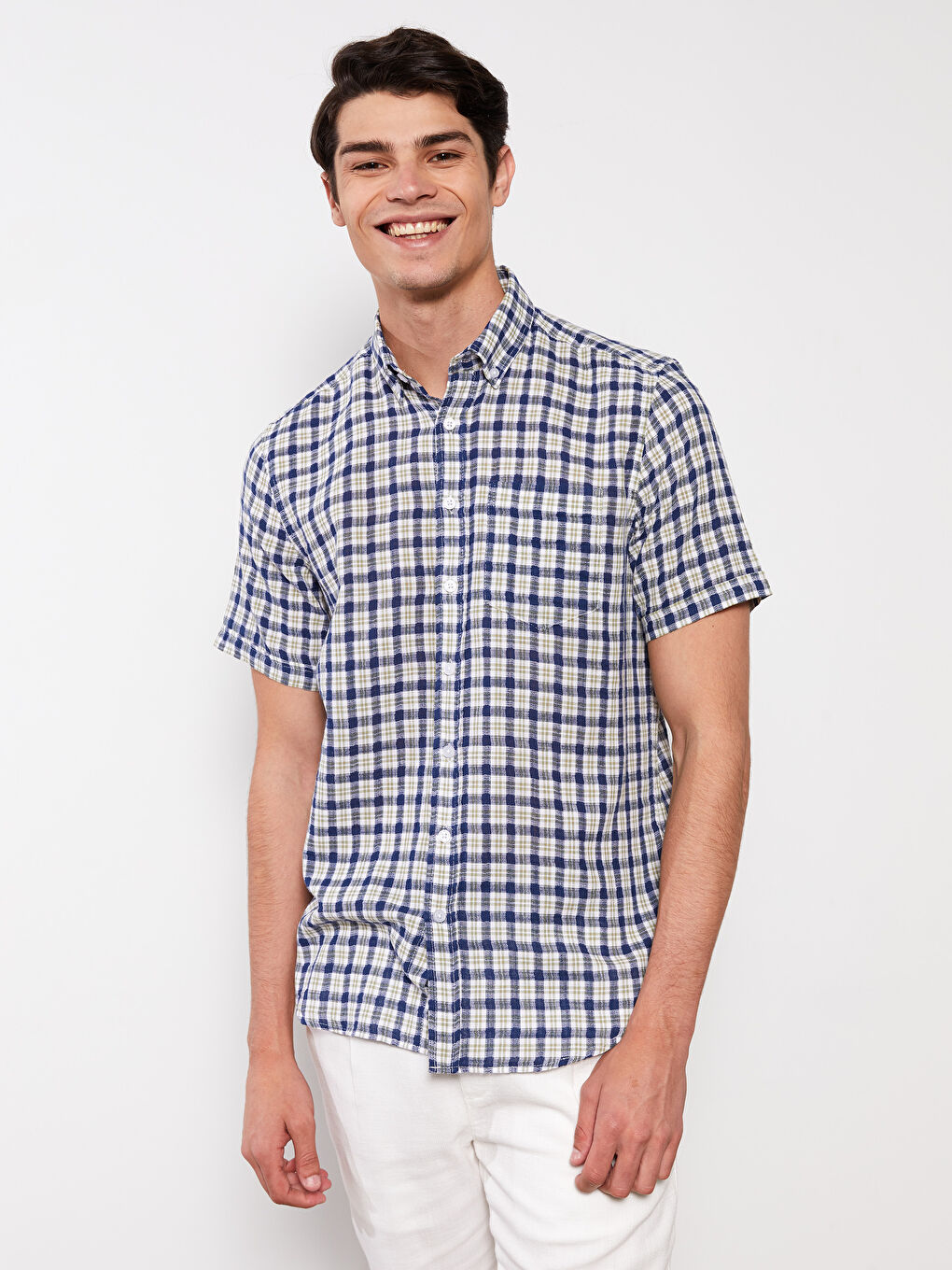 Haki Regular Fit Kısa Kollu Ekose Erkek Gömlek-1