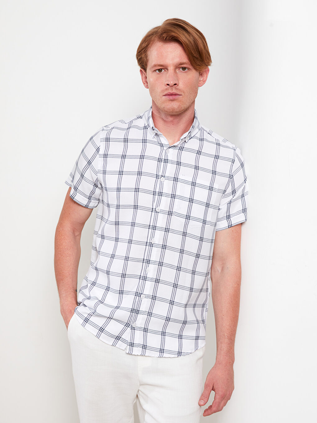 Beyaz Regular Fit Kısa Kollu Ekose Erkek Gömlek