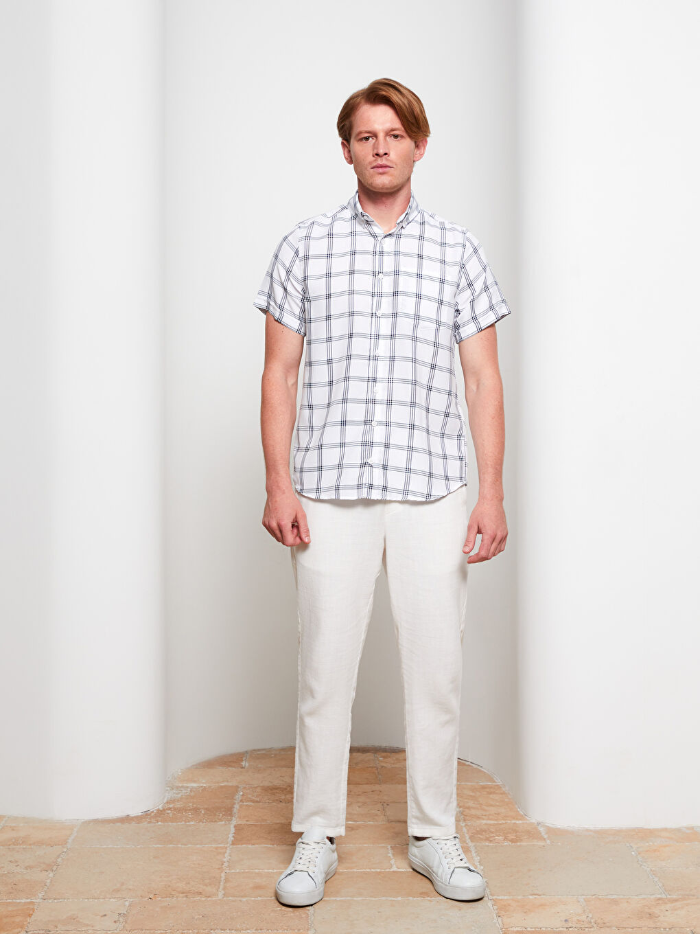 Beyaz Regular Fit Kısa Kollu Ekose Erkek Gömlek-2