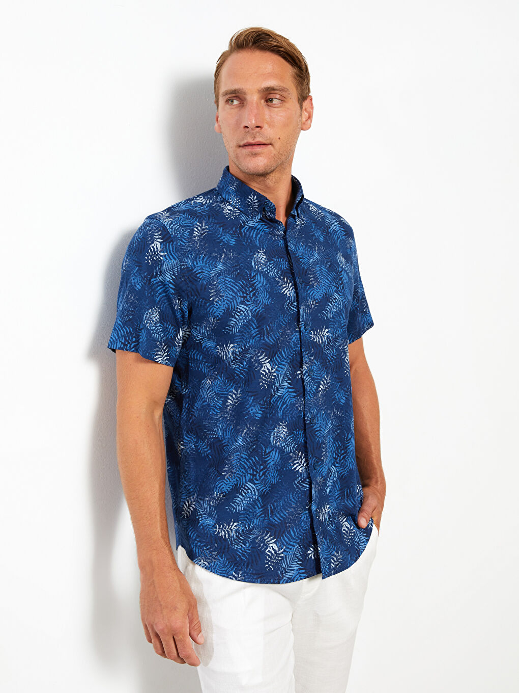 Chemise en Popeline à Motifs à Manches Courtes pour Hommes Coupe Régulière