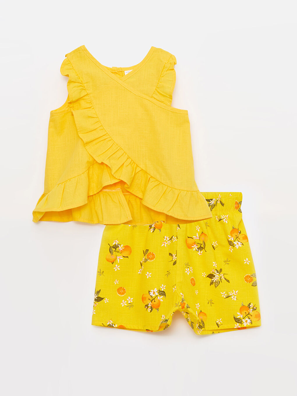 Sarı Bisiklet Yaka Pamuklu Kız Bebek Bluz ve Şort 2'li Takım