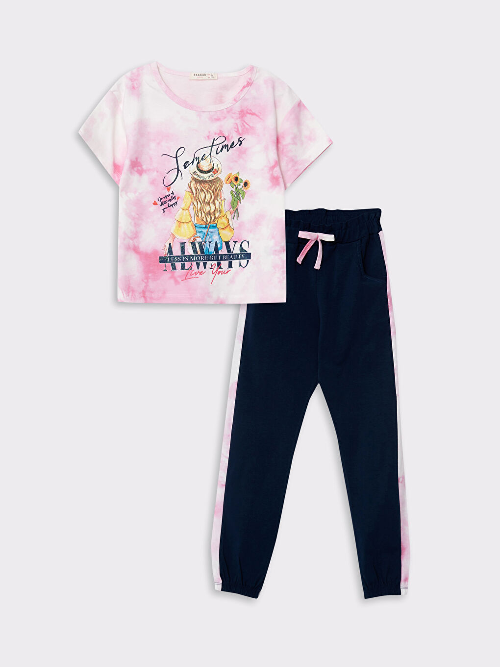 Pembe Bisiklet Yaka Baskılı Kısa Kollu Kız Çocuk Tişört ve Eşofman Altı