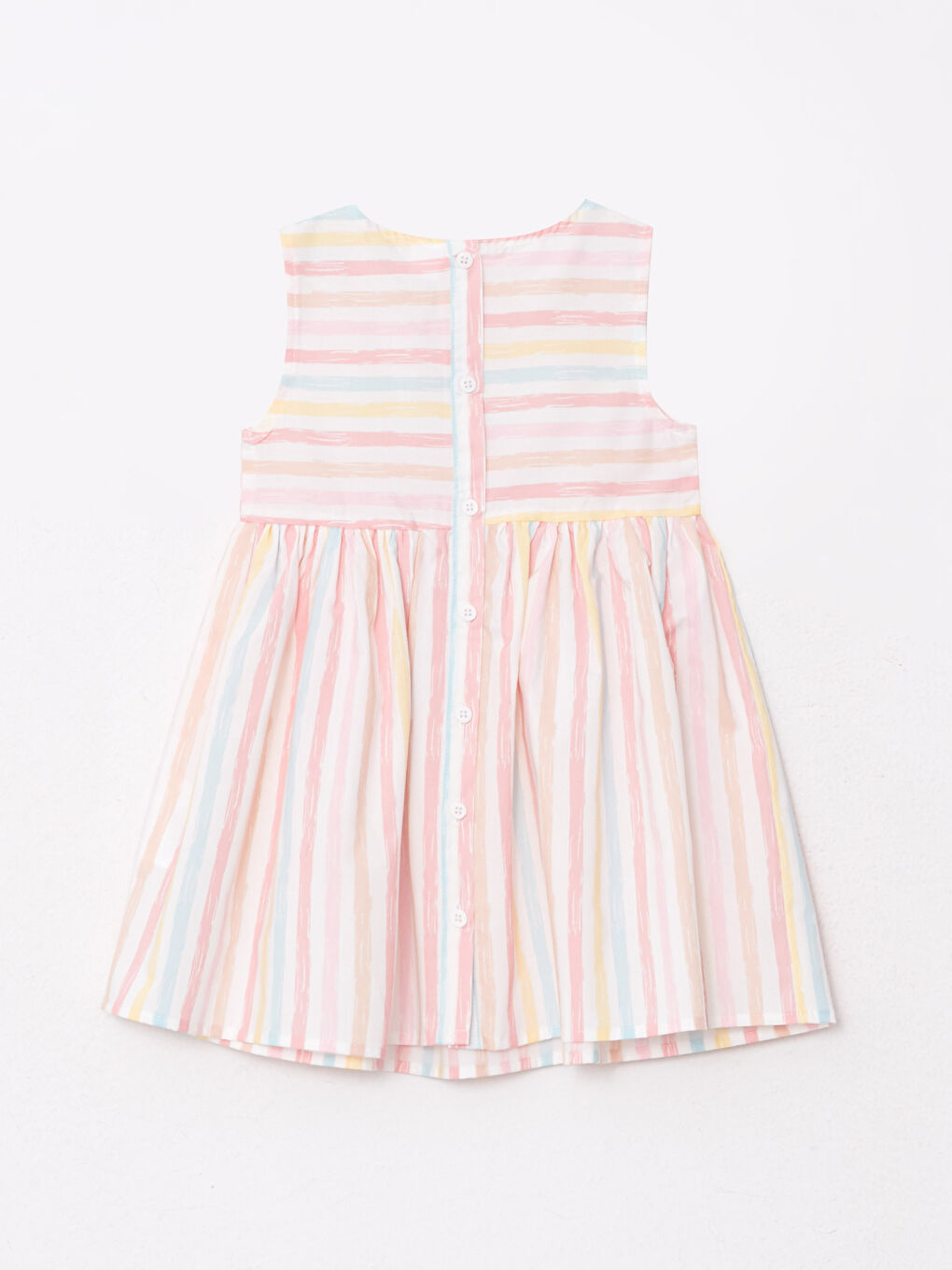 Pembe Bisiklet Yaka Çizgili Pamuklu Kız Bebek Elbise-1