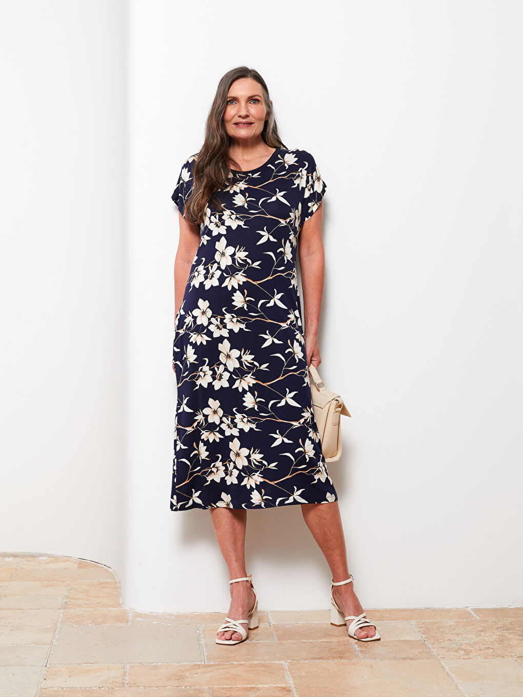 Sarı Bisiklet Yaka Desenli Kısa Kollu Kadın Elbise