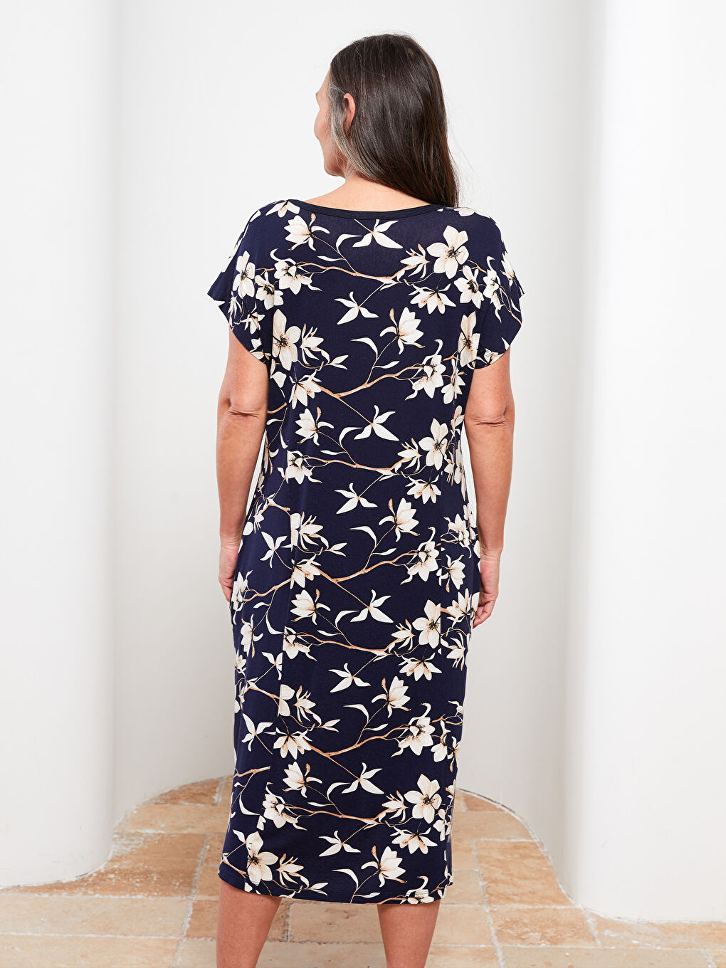 Sarı Bisiklet Yaka Desenli Kısa Kollu Kadın Elbise-5