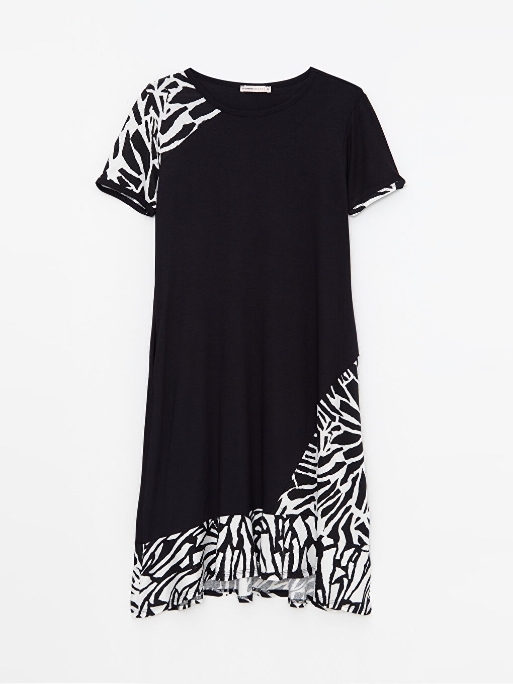 Siyah Bisiklet Yaka Desenli Kısa Kollu Kadın Elbise-4