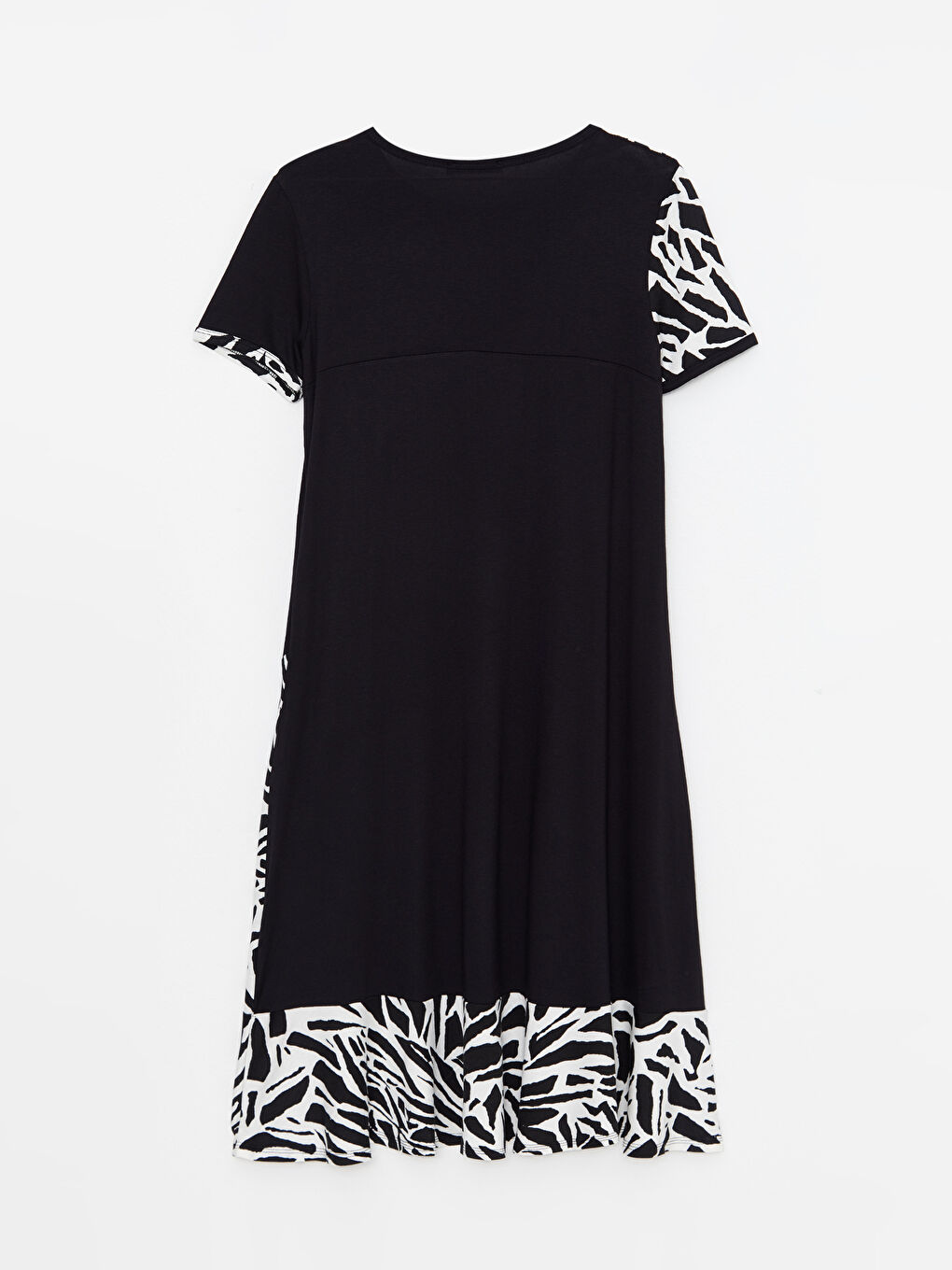 Siyah Bisiklet Yaka Desenli Kısa Kollu Kadın Elbise-5