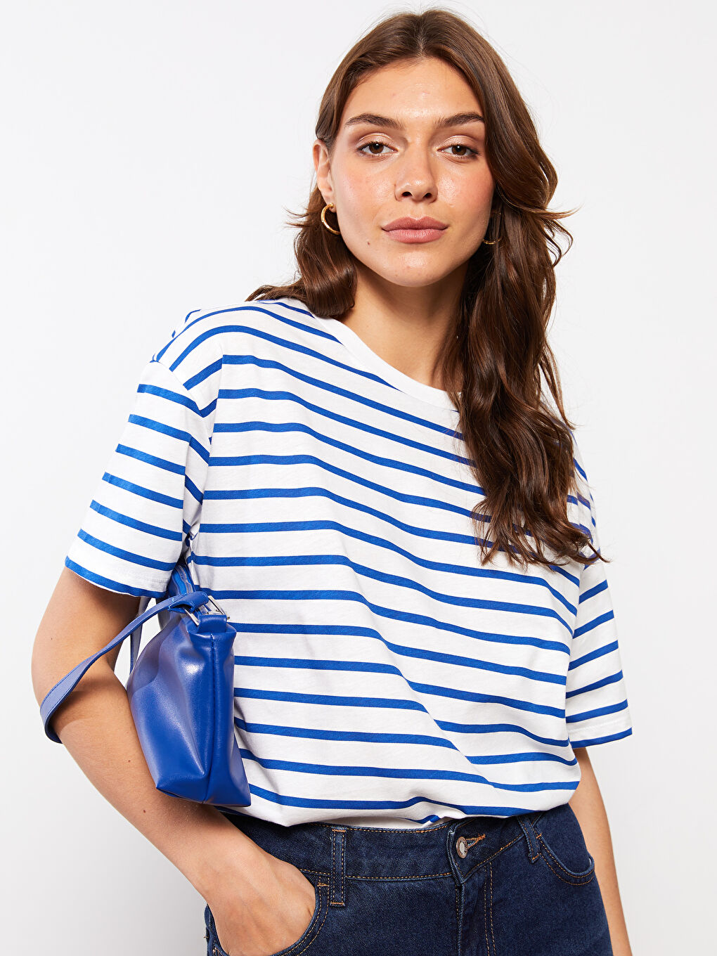 Mavi Bisiklet Yaka Çizgili Kısa Kollu Pamuklu Kadın Tişört