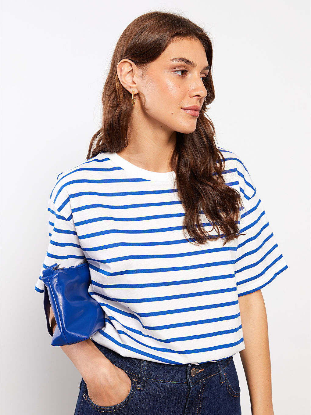 Mavi Bisiklet Yaka Çizgili Kısa Kollu Pamuklu Kadın Tişört-1