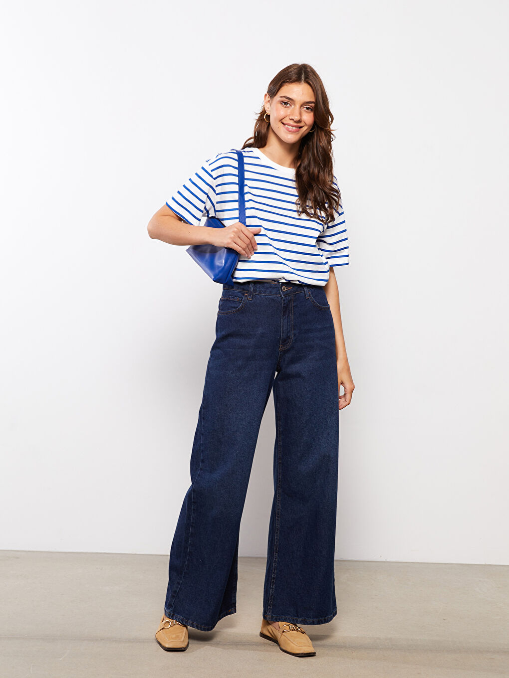 Mavi Bisiklet Yaka Çizgili Kısa Kollu Pamuklu Kadın Tişört-2