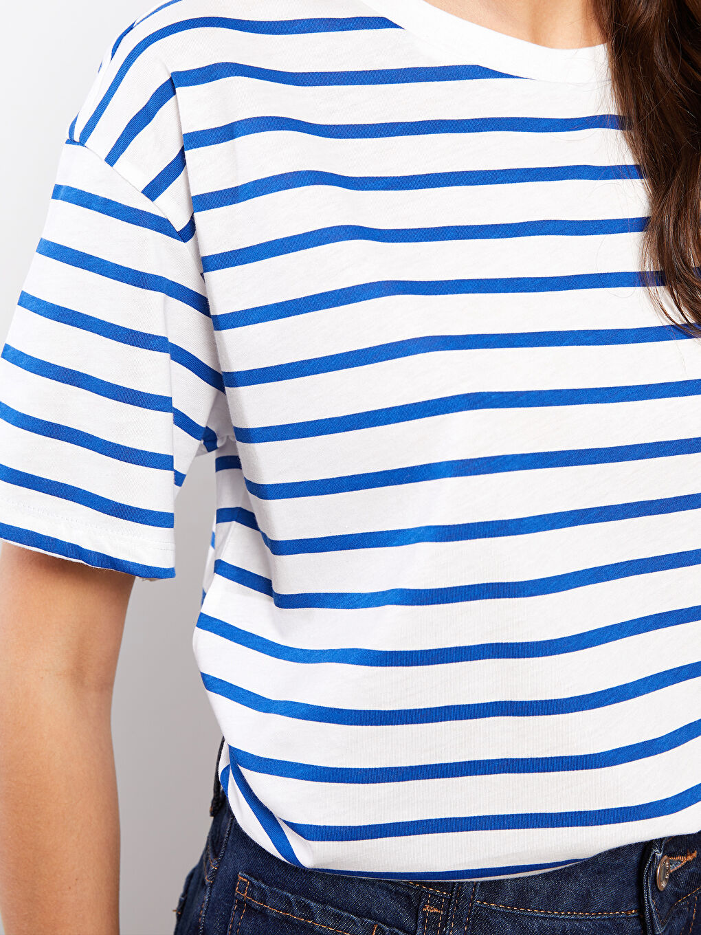 Mavi Bisiklet Yaka Çizgili Kısa Kollu Pamuklu Kadın Tişört-3