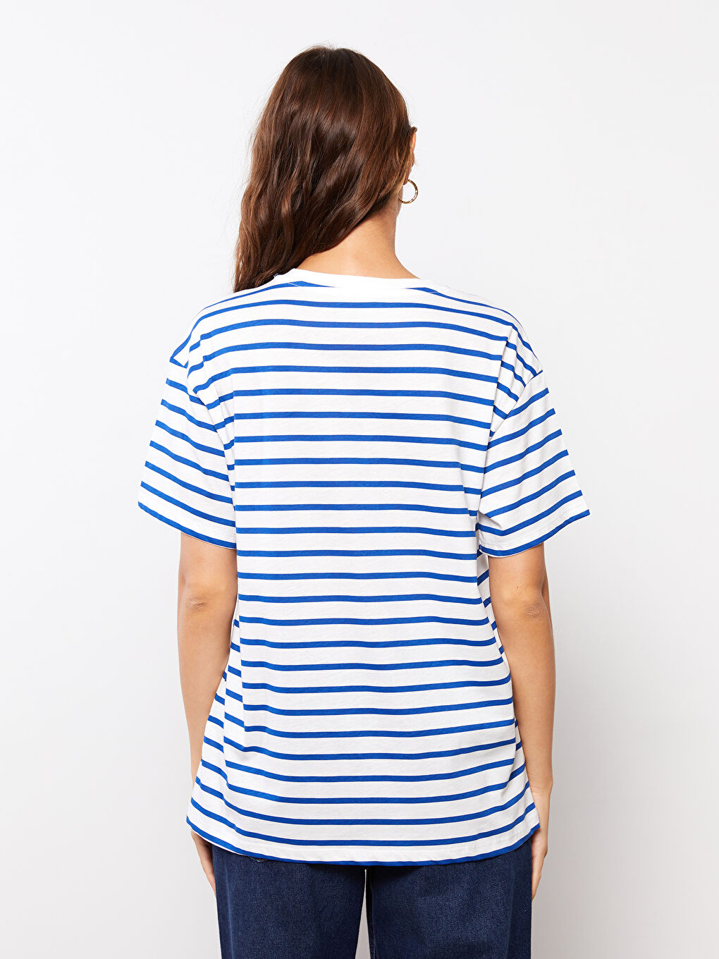 Mavi Bisiklet Yaka Çizgili Kısa Kollu Pamuklu Kadın Tişört-4