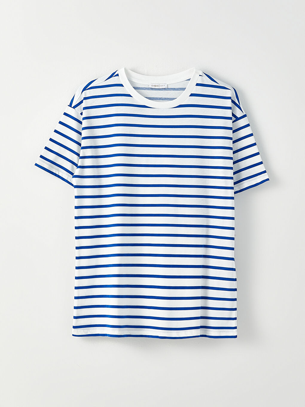 Mavi Bisiklet Yaka Çizgili Kısa Kollu Pamuklu Kadın Tişört-5