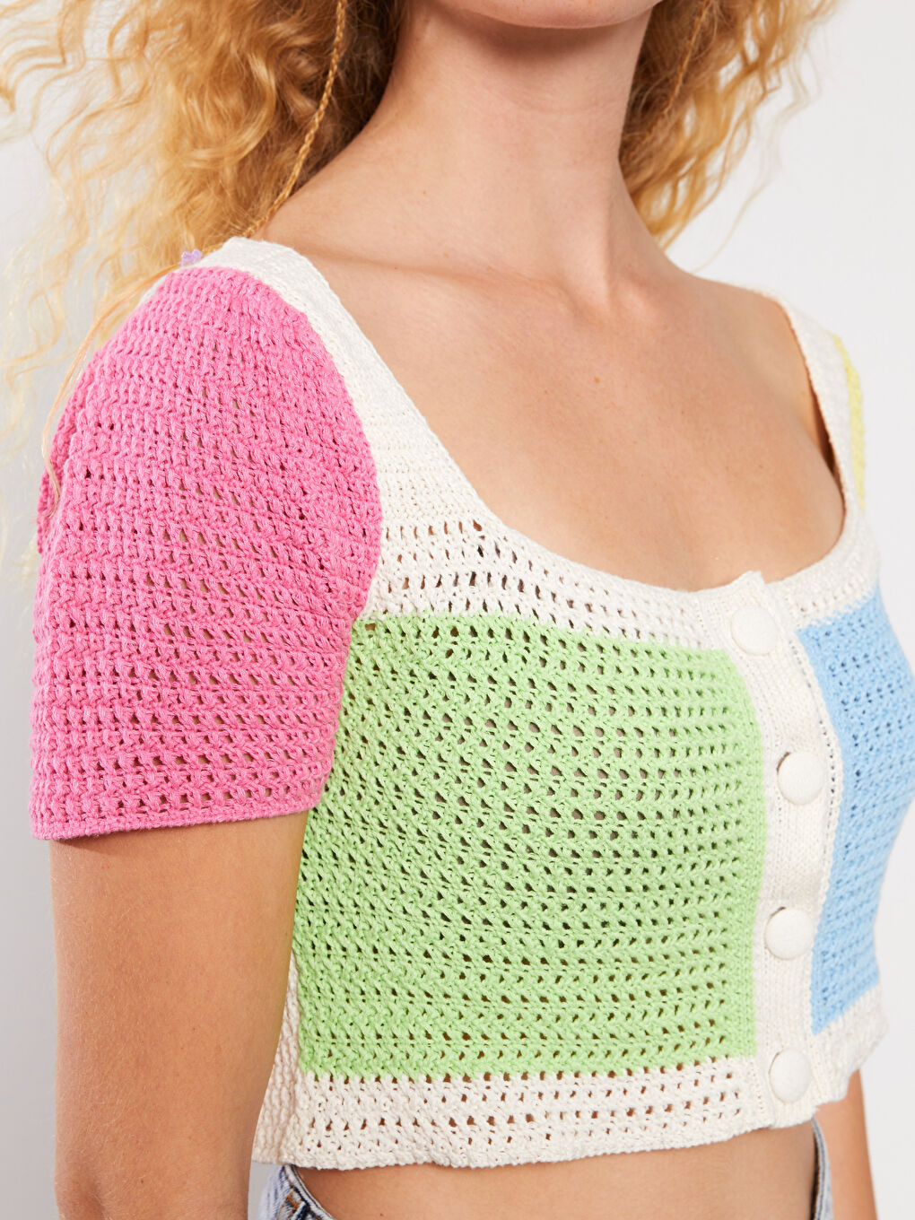 Ekru Kare Yaka Renk Bloklu Kısa Kollu Kadın Triko Hırka-2