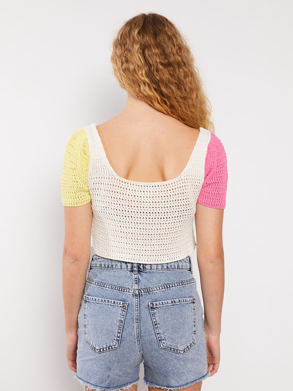 Ekru Kare Yaka Renk Bloklu Kısa Kollu Kadın Triko Hırka-3