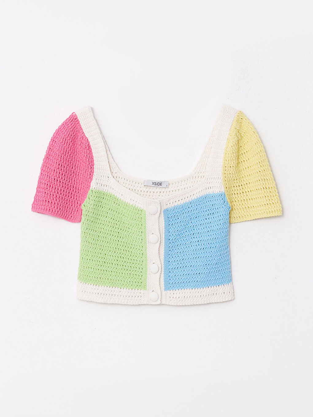 Ekru Kare Yaka Renk Bloklu Kısa Kollu Kadın Triko Hırka-4