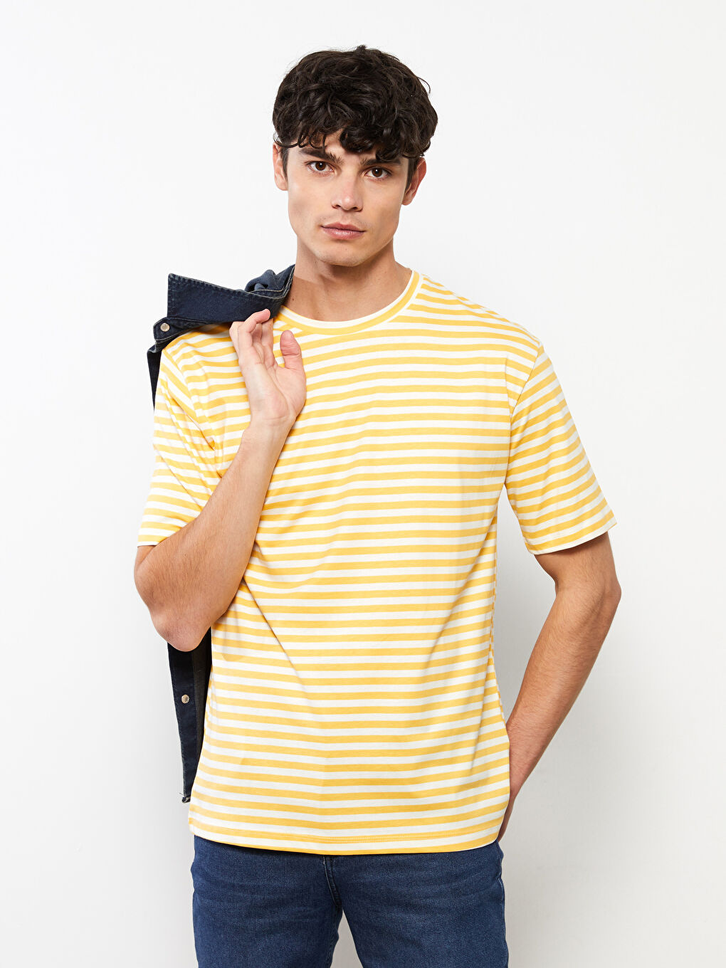 Sarı Bisiklet Yaka Kısa Kollu Çizgili Penye Erkek Tişört
