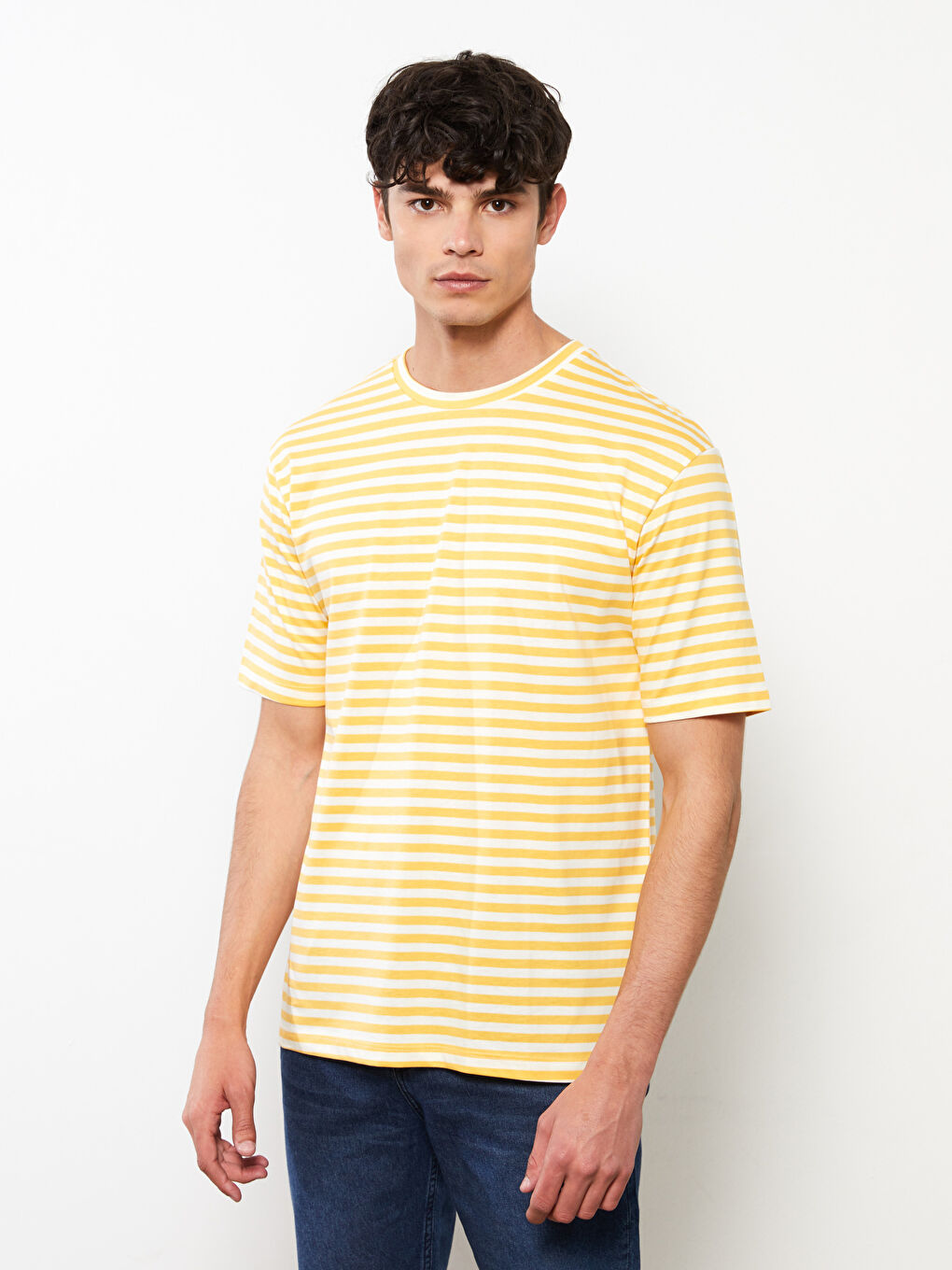 Sarı Bisiklet Yaka Kısa Kollu Çizgili Penye Erkek Tişört-1