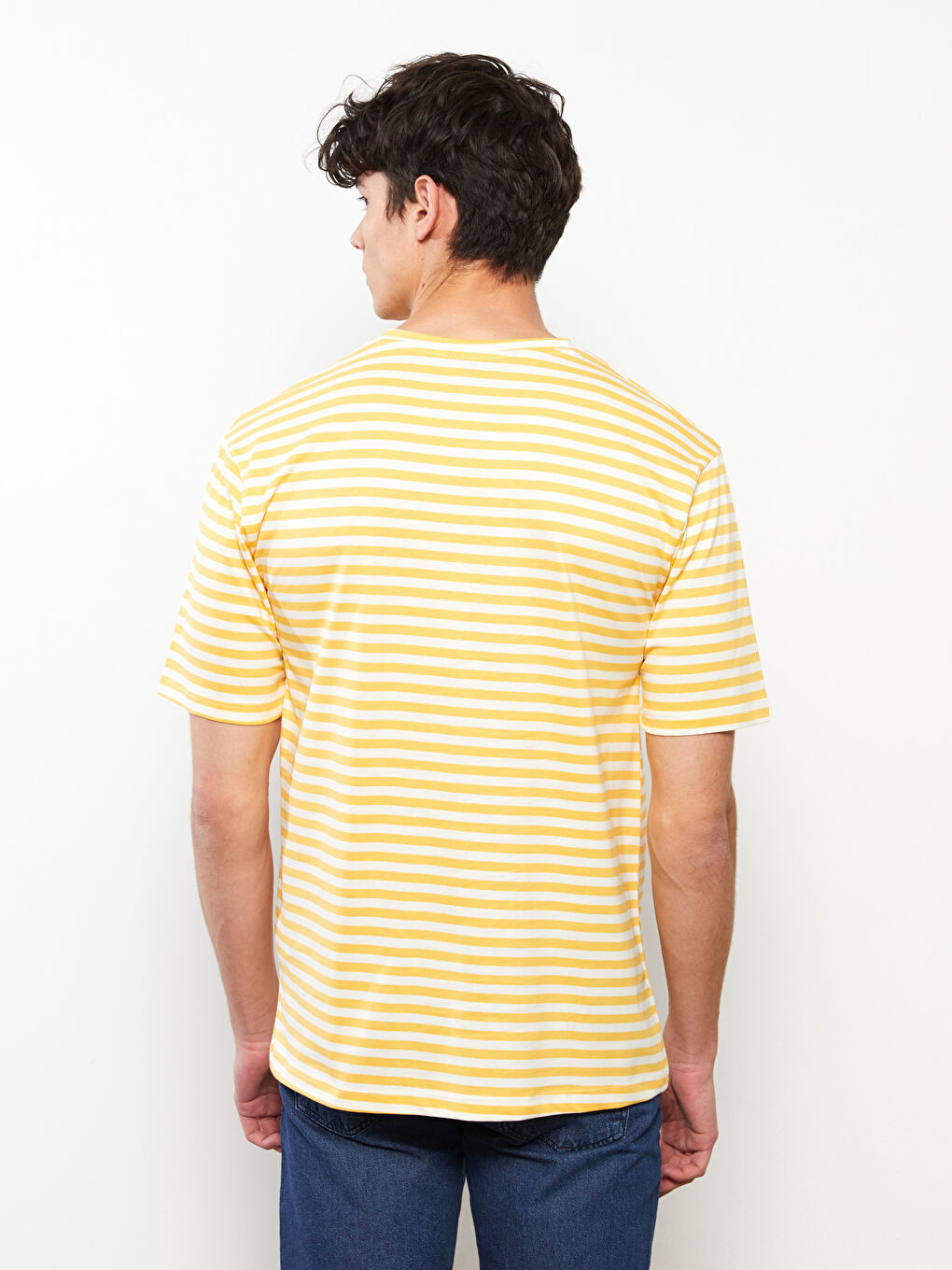 Sarı Bisiklet Yaka Kısa Kollu Çizgili Penye Erkek Tişört-4