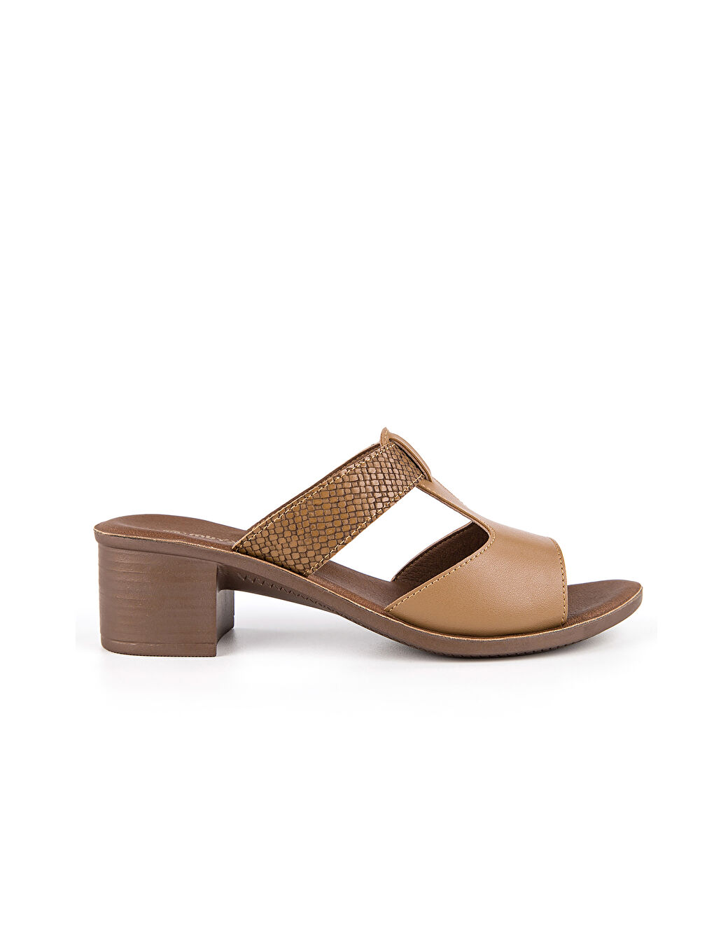 Bej Çift Bantlı Topuklu Kadın Terlik