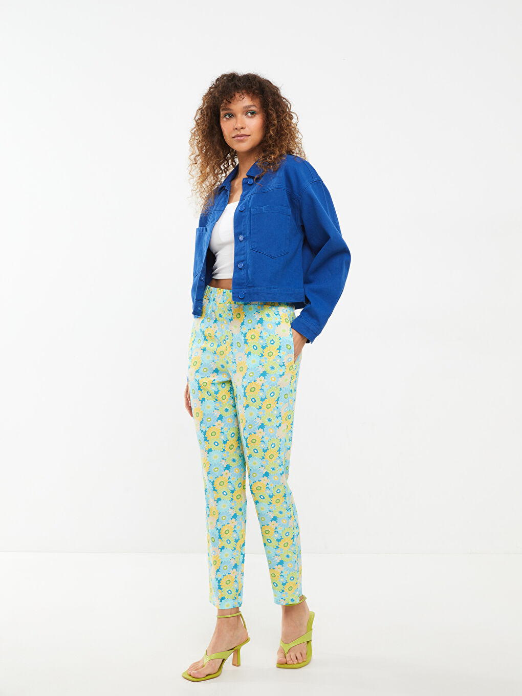 Yeşil Beli Lastikli Çiçekli Viskon Kadın Pantolon