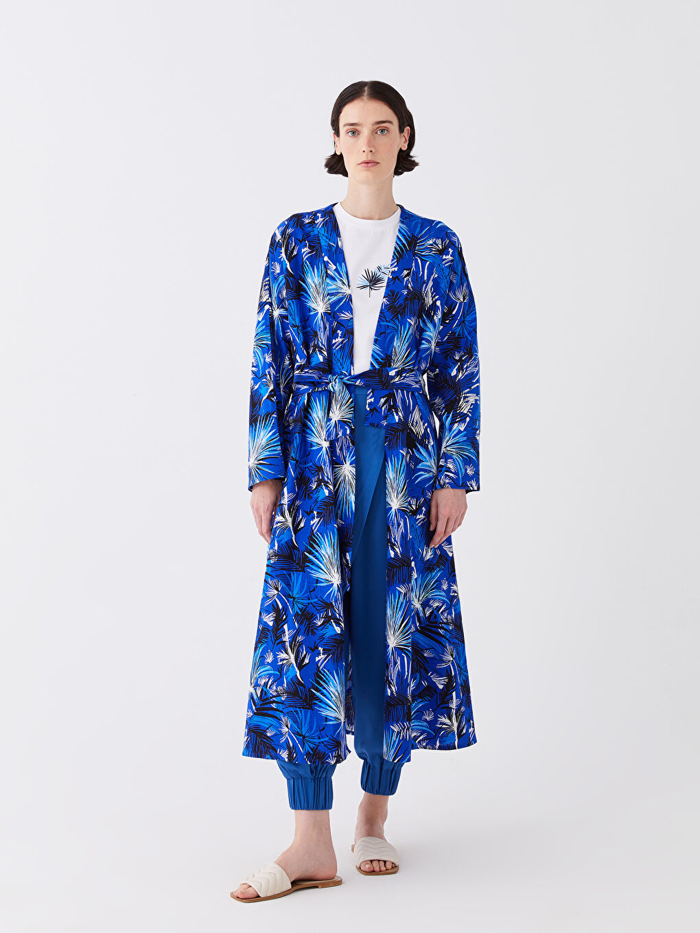 Mavi Şal Yaka Desenli Uzun Kollu Kadın Kimono-1