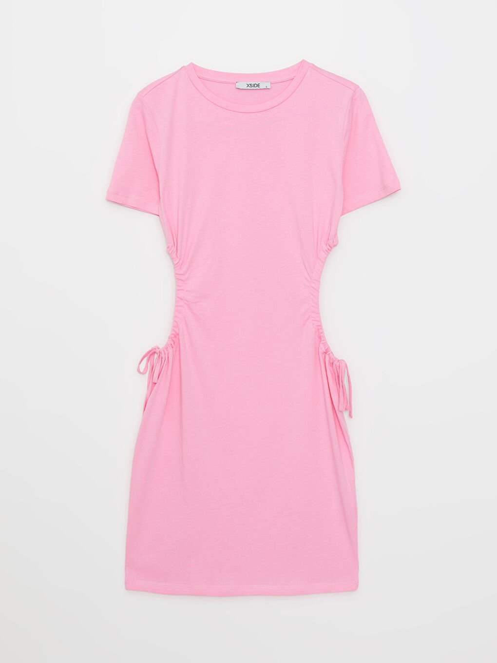 Pembe Bisiklet Yaka Düz Pencere Detaylı Kısa Kollu Pamuklu Kadın Elbise-5